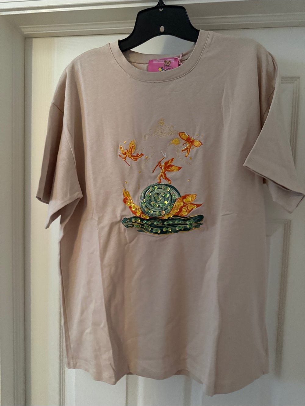 Beige Embroidered Floral Motif Tee - Unbranded